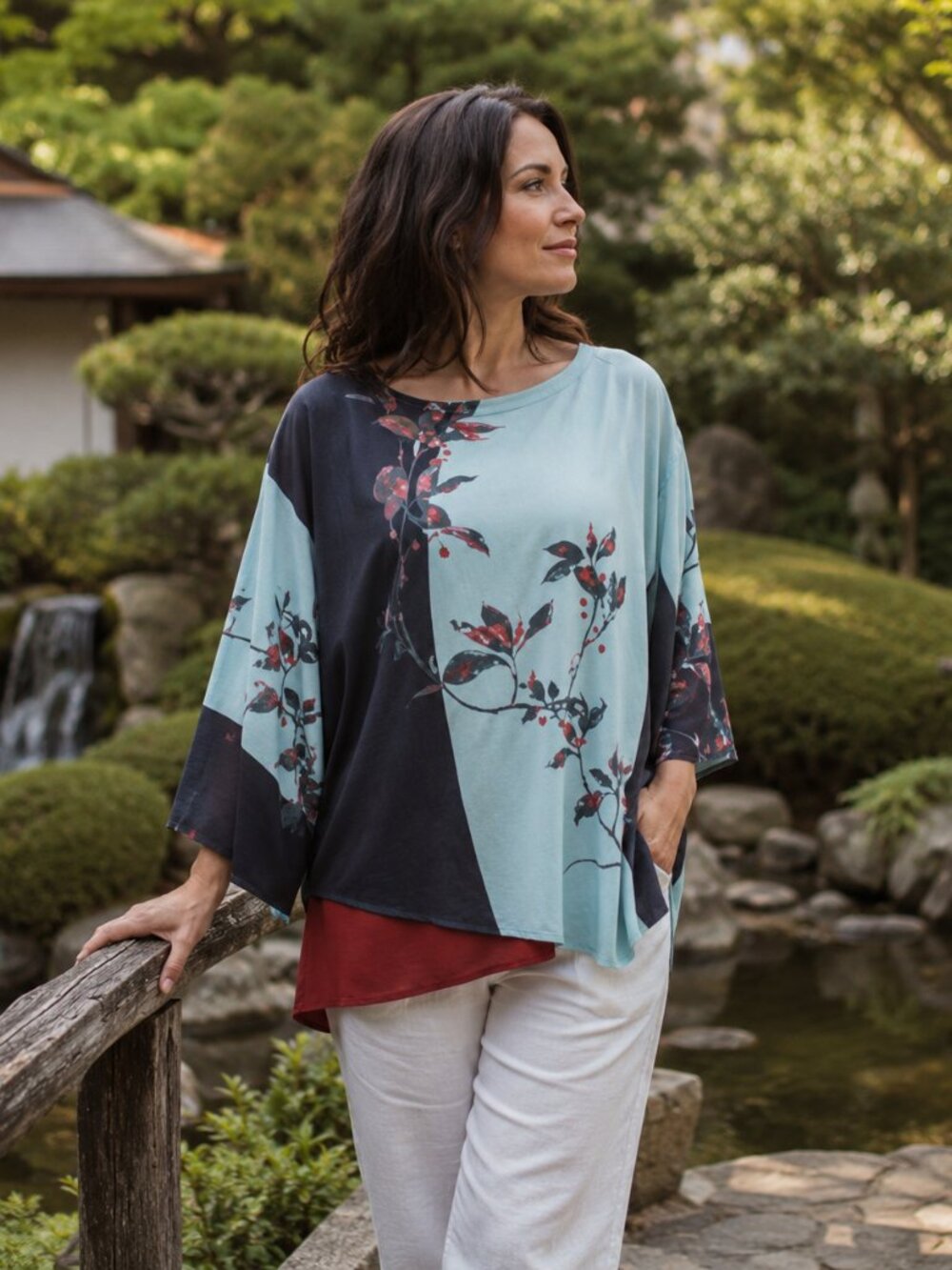 Citron Santa Monica floral Asian kimono sleeve tunic blouse